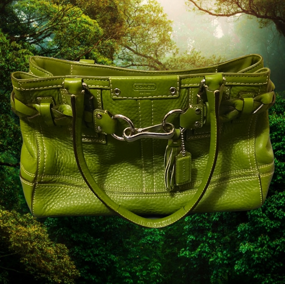 Coach Hampton F13084 Green Leather Belted Medium Shoulder Bag Carryall
